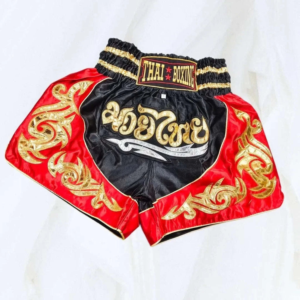 🥊The Warrior’s Glory: Authentic Premium Thai Pattern Muay Thai Shorts – Double-Layered Professional Satin Boxing Trunks, Handcrafted Factory-Direct Export Grade for Adults and Kids (Black and red Muay Thai shorts)