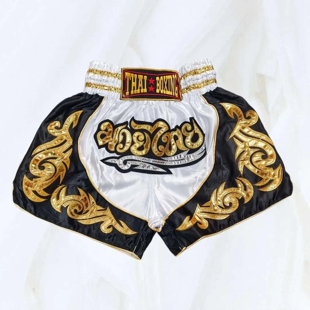 🥊The Warrior’s Glory: Authentic Premium Thai Pattern Muay Thai Shorts – Double-Layered Professional Satin Boxing Trunks, Handcrafted Factory-Direct Export Grade for Adults and Kids (Black and white boxing shorts)
