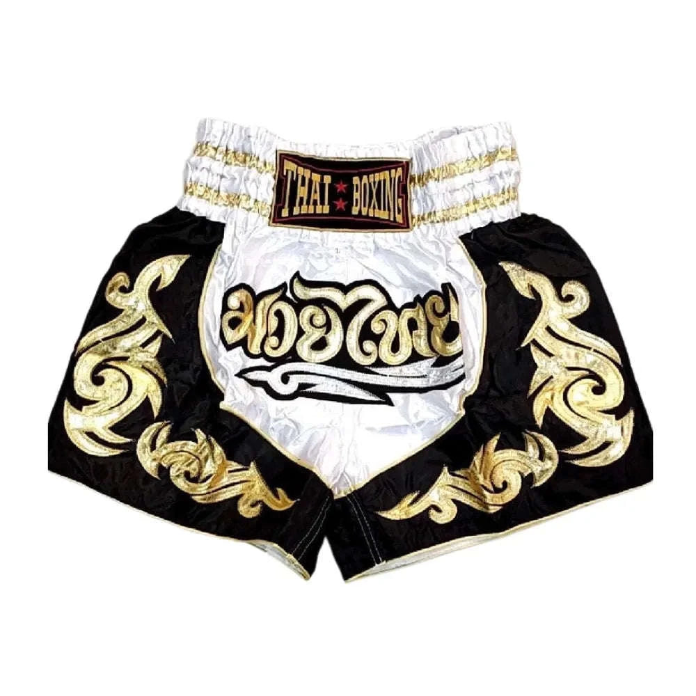 🥊The Warrior’s Glory: Authentic Premium Thai Pattern Muay Thai Shorts – Double-Layered Professional Satin Boxing Trunks, Handcrafted Factory-Direct Export Grade for Adults and Kids (Black and white boxing shorts)
