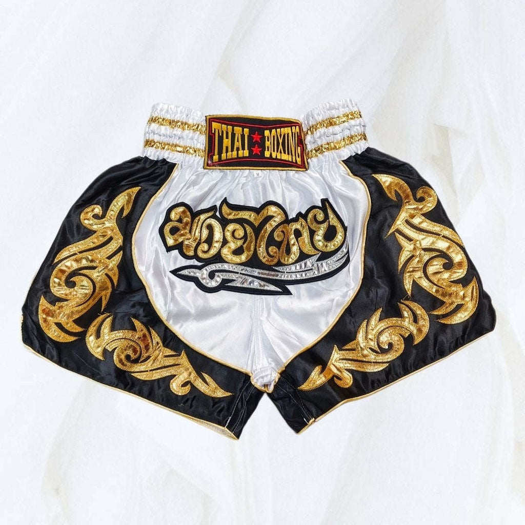 🥊The Warrior’s Glory: Authentic Premium Thai Pattern Muay Thai Shorts – Double-Layered Professional Satin Boxing Trunks, Handcrafted Factory-Direct Export Grade for Adults and Kids (Black and white boxing shorts)