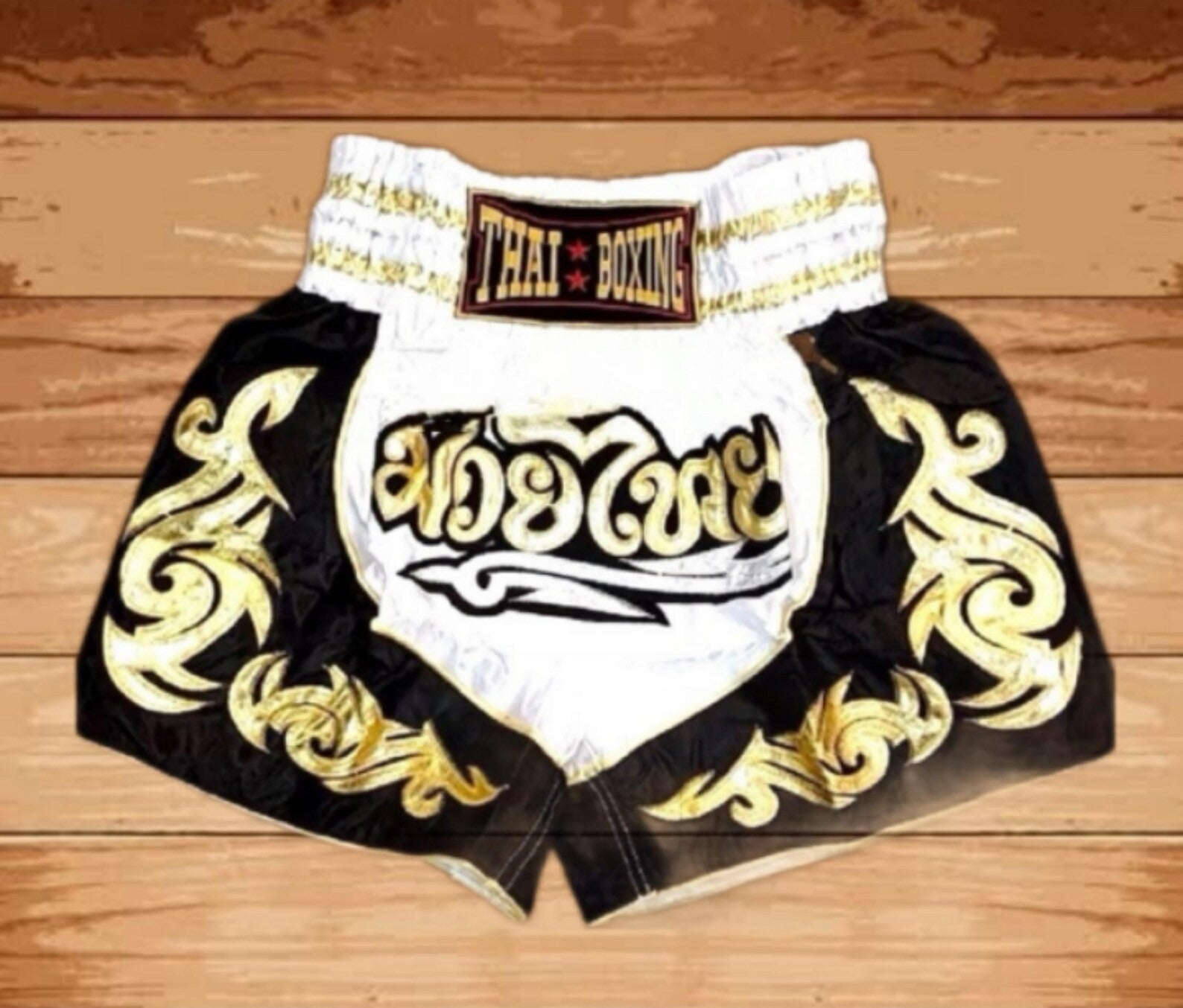 🥊The Warrior’s Glory: Authentic Premium Thai Pattern Muay Thai Shorts – Double-Layered Professional Satin Boxing Trunks, Handcrafted Factory-Direct Export Grade for Adults and Kids (Black and white boxing shorts)