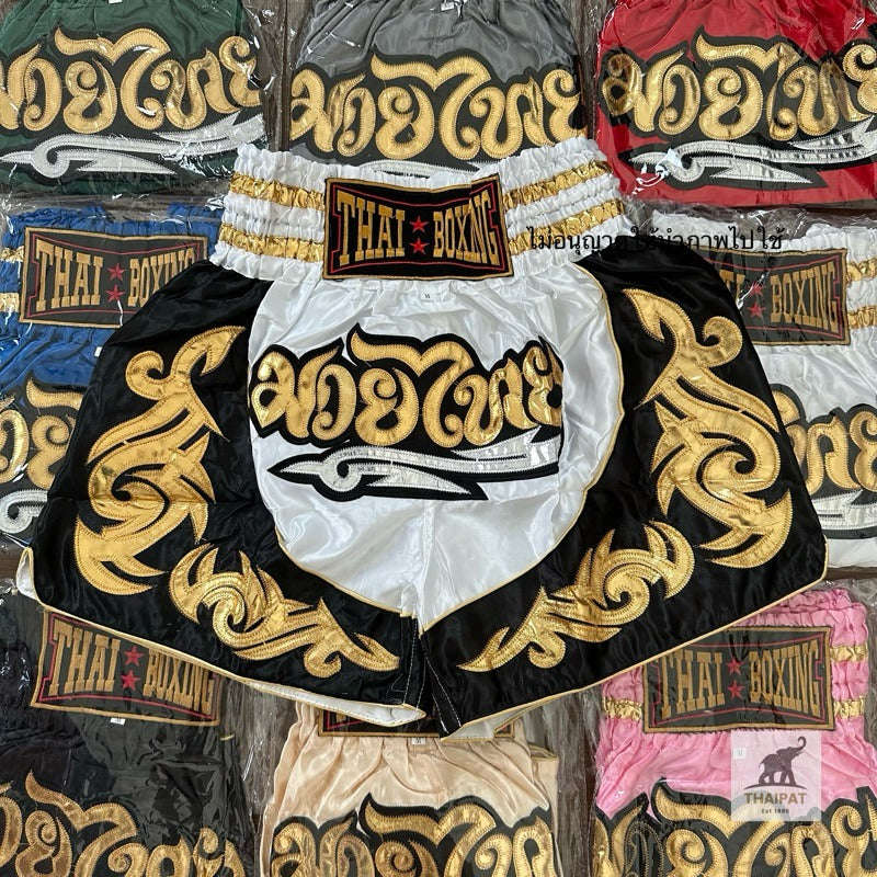🥊The Warrior’s Glory: Authentic Premium Thai Pattern Muay Thai Shorts – Double-Layered Professional Satin Boxing Trunks, Handcrafted Factory-Direct Export Grade for Adults and Kids (Black and white boxing shorts)