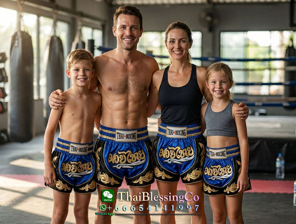 🥊The Warrior’s Glory: Authentic Premium Thai Pattern Muay Thai Shorts – Double-Layered Professional Satin Boxing Trunks, Handcrafted Factory-Direct Export Grade for Adults and Kids (Blue and black Muay Thai shorts)