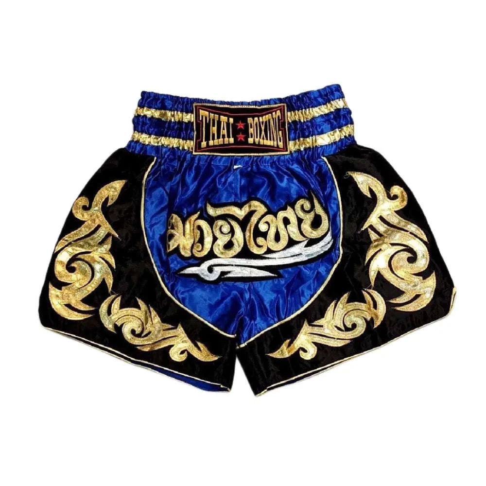 🥊The Warrior’s Glory: Authentic Premium Thai Pattern Muay Thai Shorts – Double-Layered Professional Satin Boxing Trunks, Handcrafted Factory-Direct Export Grade for Adults and Kids (Blue and black Muay Thai shorts)