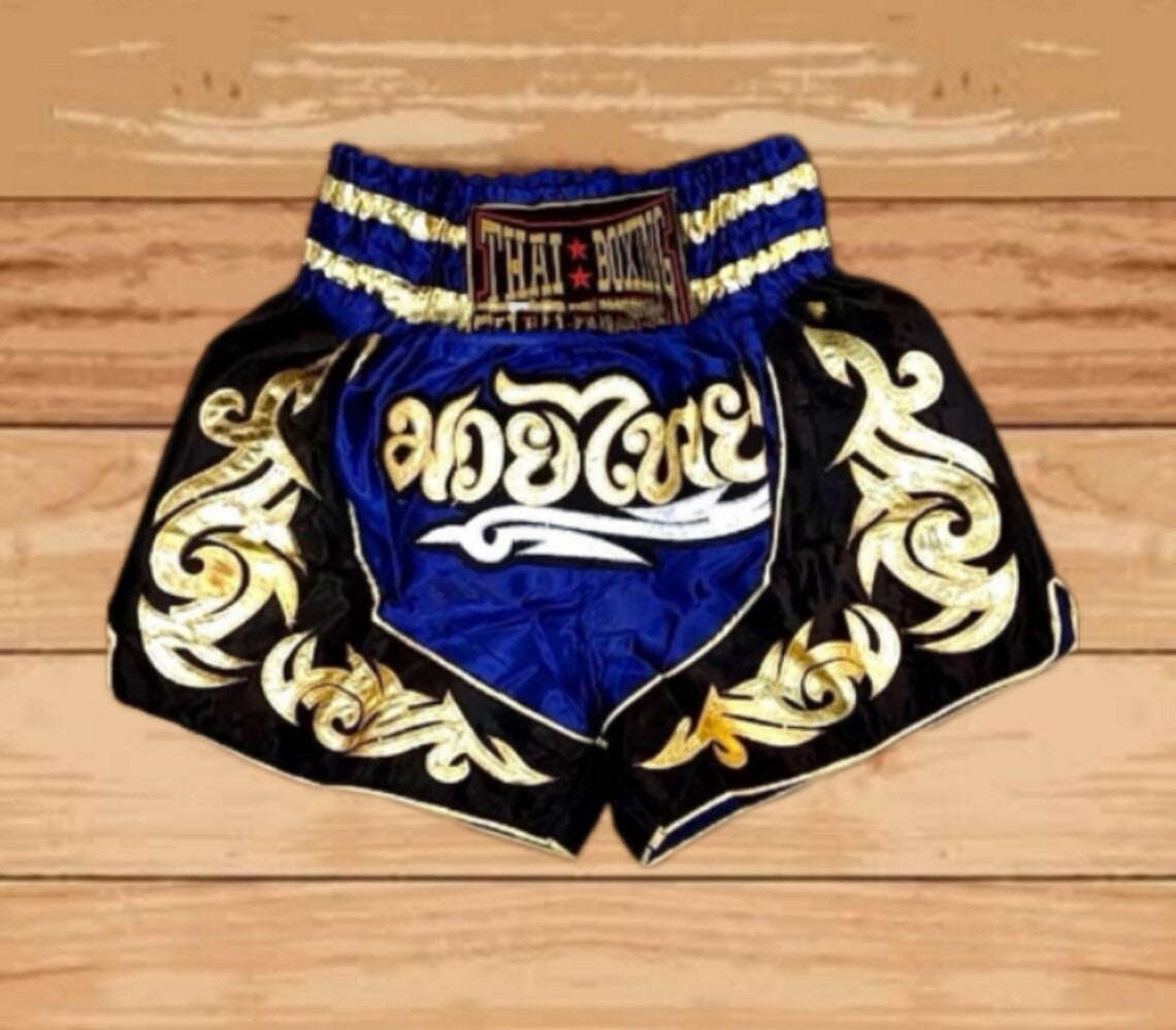 🥊The Warrior’s Glory: Authentic Premium Thai Pattern Muay Thai Shorts – Double-Layered Professional Satin Boxing Trunks, Handcrafted Factory-Direct Export Grade for Adults and Kids (Blue and black Muay Thai shorts)
