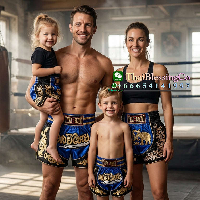🥊The Warrior’s Glory: Authentic Premium Thai Pattern Muay Thai Shorts – Double-Layered Professional Satin Boxing Trunks, Handcrafted Factory-Direct Export Grade for Adults and Kids (Blue and black Muay Thai shorts)