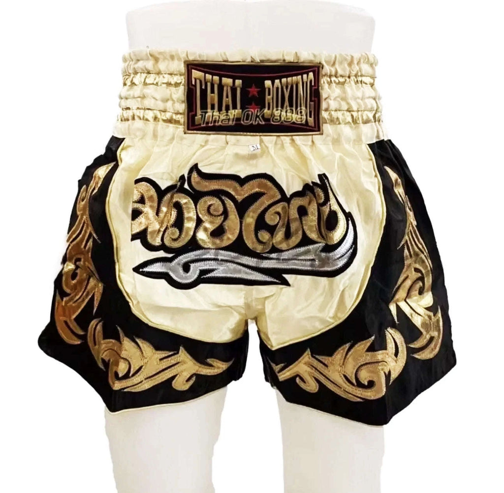 🥊The Warrior’s Glory: Authentic Premium Thai Pattern Muay Thai Shorts – Double-Layered Professional Satin Boxing Trunks, Handcrafted Factory-Direct Export Grade for Adults and Kids (Cream and black Muay Thai shorts)
