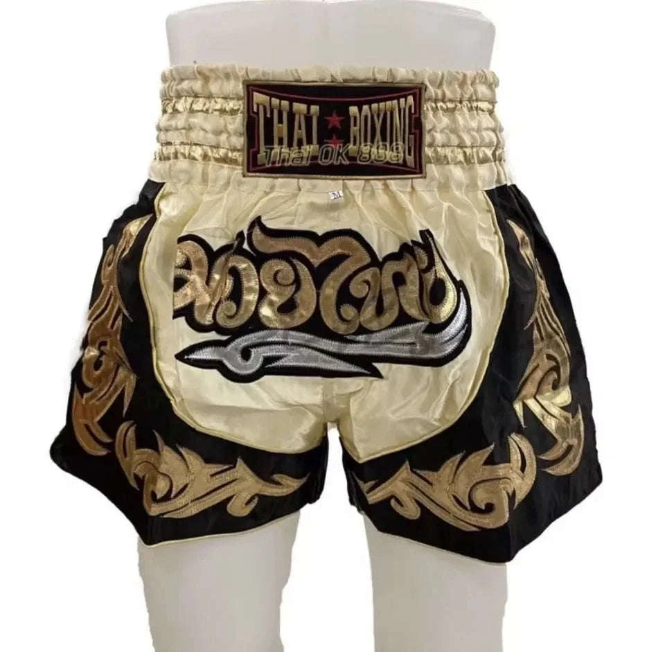 🥊The Warrior’s Glory: Authentic Premium Thai Pattern Muay Thai Shorts – Double-Layered Professional Satin Boxing Trunks, Handcrafted Factory-Direct Export Grade for Adults and Kids (Cream and black Muay Thai shorts)