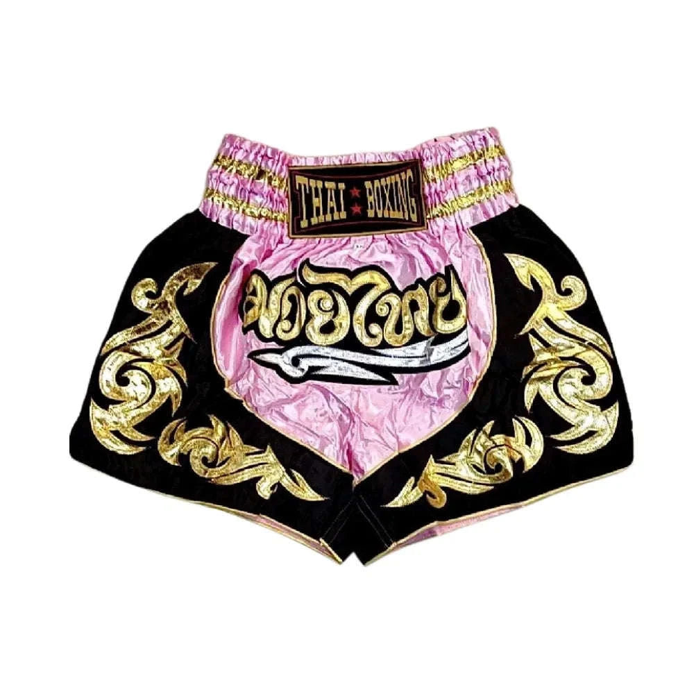 🥊The Warrior’s Glory: Authentic Premium Thai Pattern Muay Thai Shorts – Double-Layered Professional Satin Boxing Trunks, Handcrafted Factory-Direct Export Grade for Adults and Kids (Pink and black Muay Thai shorts)