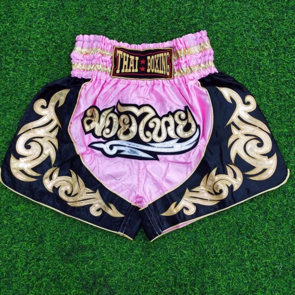 🥊The Warrior’s Glory: Authentic Premium Thai Pattern Muay Thai Shorts – Double-Layered Professional Satin Boxing Trunks, Handcrafted Factory-Direct Export Grade for Adults and Kids (Pink and black Muay Thai shorts)