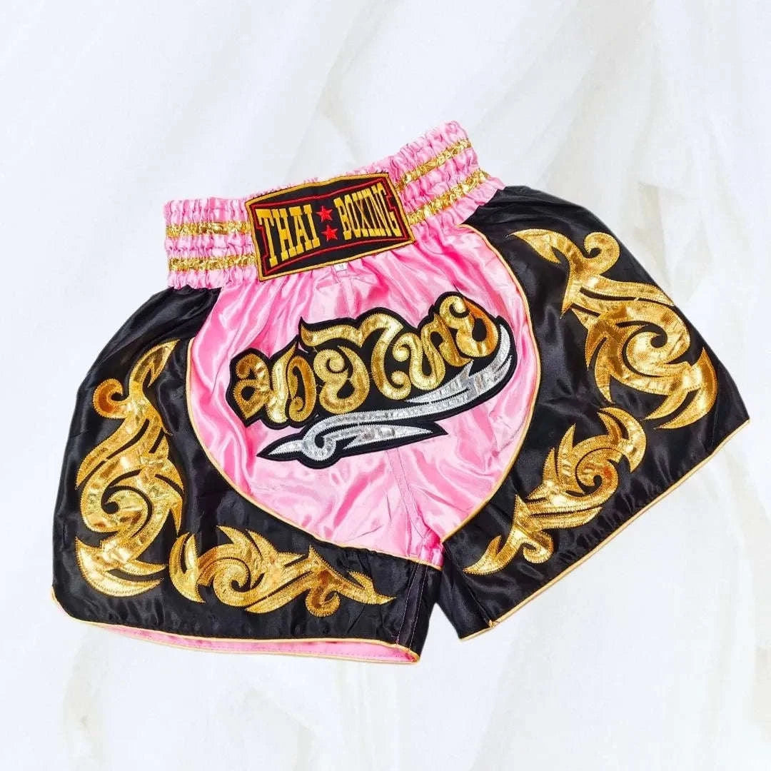 🥊The Warrior’s Glory: Authentic Premium Thai Pattern Muay Thai Shorts – Double-Layered Professional Satin Boxing Trunks, Handcrafted Factory-Direct Export Grade for Adults and Kids (Pink and black Muay Thai shorts)