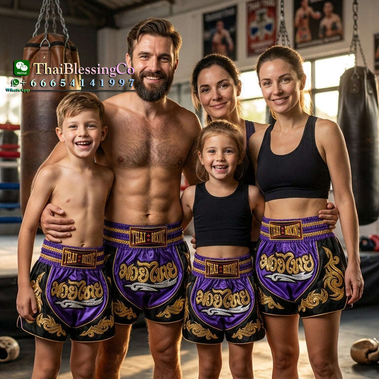 🥊The Warrior’s Glory: Authentic Premium Thai Pattern Muay Thai Shorts – Double-Layered Professional Satin Boxing Trunks, Handcrafted Factory-Direct Export Grade for Adults and Kids (Purple and black Muay Thai shorts)