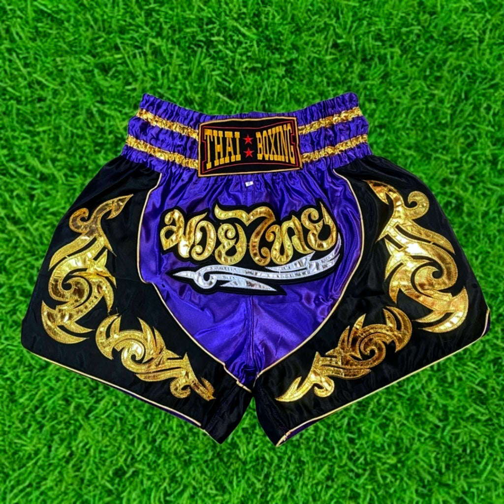 🥊The Warrior’s Glory: Authentic Premium Thai Pattern Muay Thai Shorts – Double-Layered Professional Satin Boxing Trunks, Handcrafted Factory-Direct Export Grade for Adults and Kids (Purple and black Muay Thai shorts)