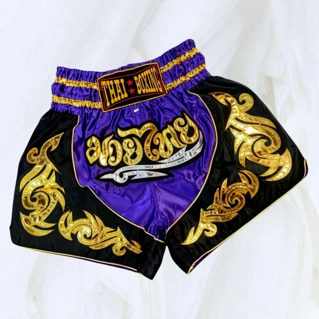 🥊The Warrior’s Glory: Authentic Premium Thai Pattern Muay Thai Shorts – Double-Layered Professional Satin Boxing Trunks, Handcrafted Factory-Direct Export Grade for Adults and Kids (Purple and black Muay Thai shorts)