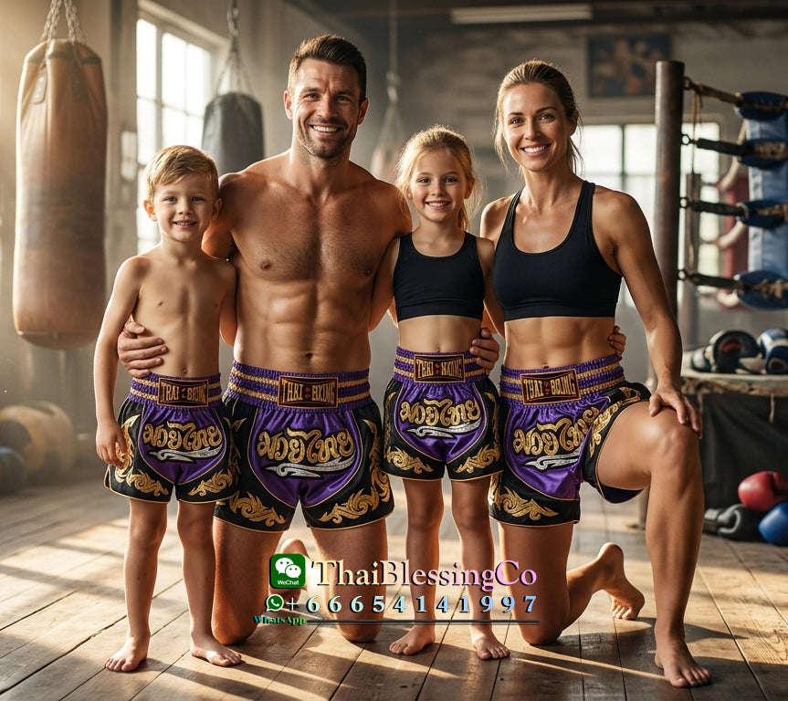 🥊The Warrior’s Glory: Authentic Premium Thai Pattern Muay Thai Shorts – Double-Layered Professional Satin Boxing Trunks, Handcrafted Factory-Direct Export Grade for Adults and Kids (Purple and black Muay Thai shorts)