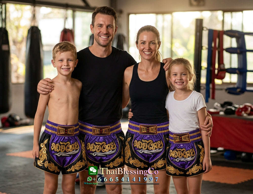 🥊The Warrior’s Glory: Authentic Premium Thai Pattern Muay Thai Shorts – Double-Layered Professional Satin Boxing Trunks, Handcrafted Factory-Direct Export Grade for Adults and Kids (Purple and black Muay Thai shorts)