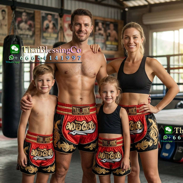 🥊The Warrior’s Glory: Authentic Premium Thai Pattern Muay Thai Shorts – Double-Layered Professional Satin Boxing Trunks, Handcrafted Factory-Direct Export Grade for Adults and Kids (Red and black boxing shorts)