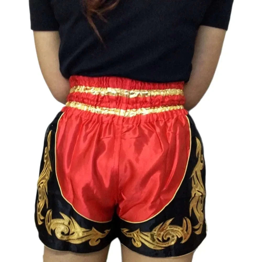 🥊The Warrior’s Glory: Authentic Premium Thai Pattern Muay Thai Shorts – Double-Layered Professional Satin Boxing Trunks, Handcrafted Factory-Direct Export Grade for Adults and Kids (Red and black boxing shorts)