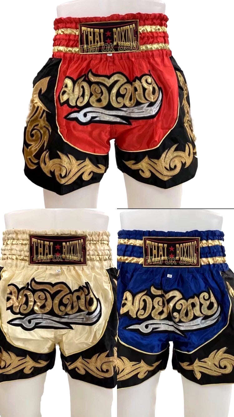 🥊The Warrior’s Glory: Authentic Premium Thai Pattern Muay Thai Shorts – Double-Layered Professional Satin Boxing Trunks, Handcrafted Factory-Direct Export Grade for Adults and Kids (Red and black boxing shorts)