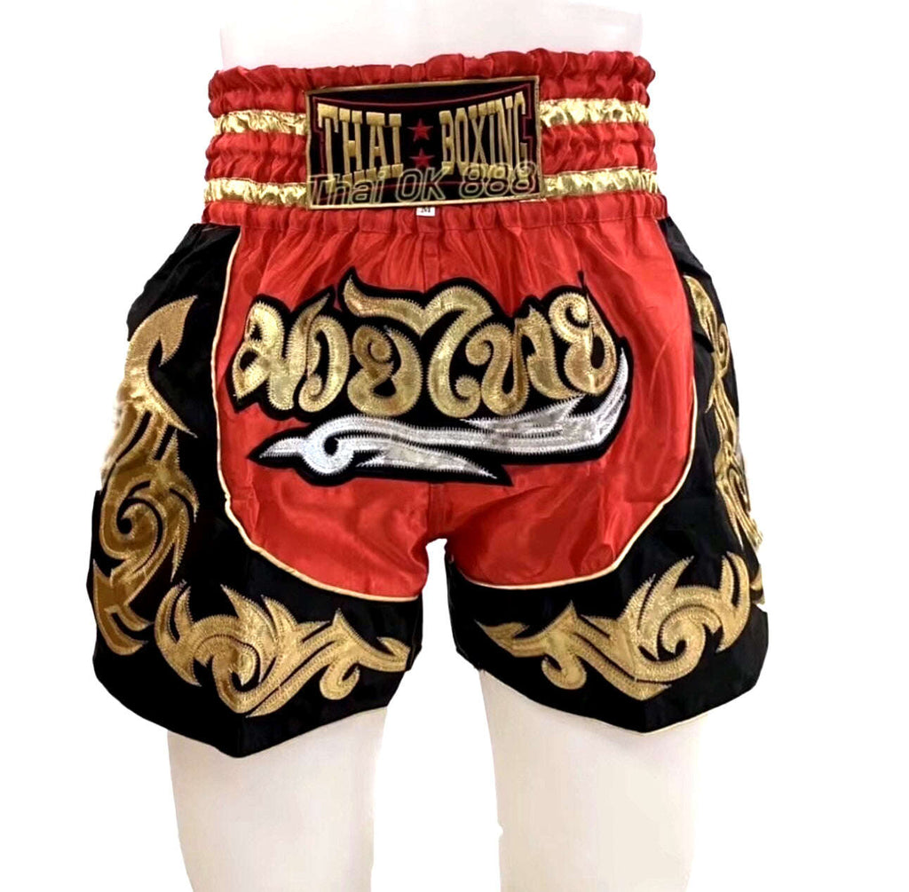 🥊The Warrior’s Glory: Authentic Premium Thai Pattern Muay Thai Shorts – Double-Layered Professional Satin Boxing Trunks, Handcrafted Factory-Direct Export Grade for Adults and Kids (Red and black boxing shorts)
