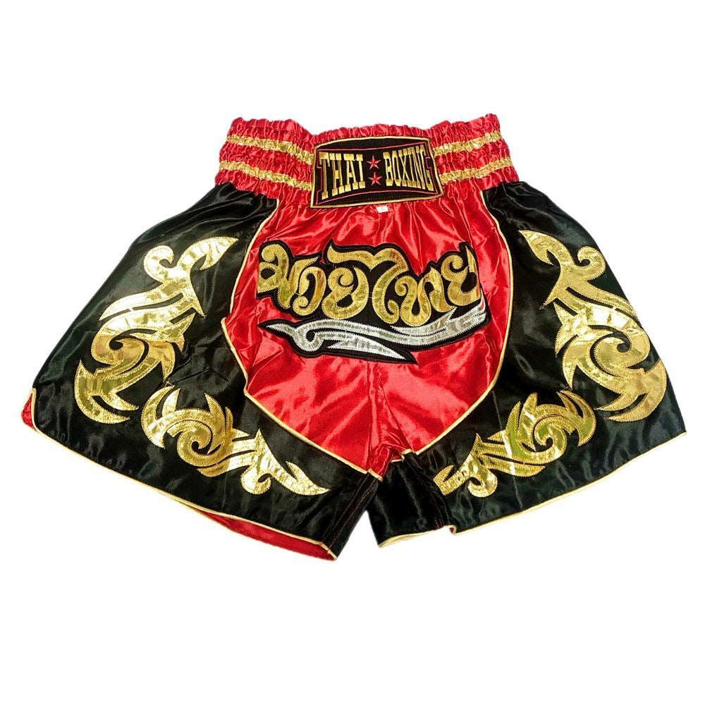 🥊The Warrior’s Glory: Authentic Premium Thai Pattern Muay Thai Shorts – Double-Layered Professional Satin Boxing Trunks, Handcrafted Factory-Direct Export Grade for Adults and Kids (Red and black boxing shorts)