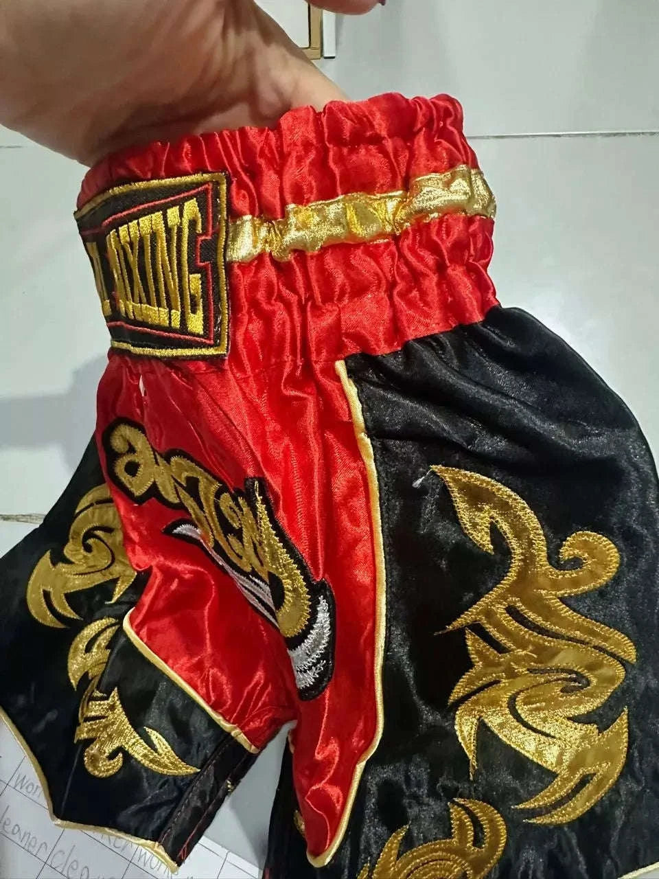 🥊The Warrior’s Glory: Authentic Premium Thai Pattern Muay Thai Shorts – Double-Layered Professional Satin Boxing Trunks, Handcrafted Factory-Direct Export Grade for Adults and Kids (Red and black boxing shorts)