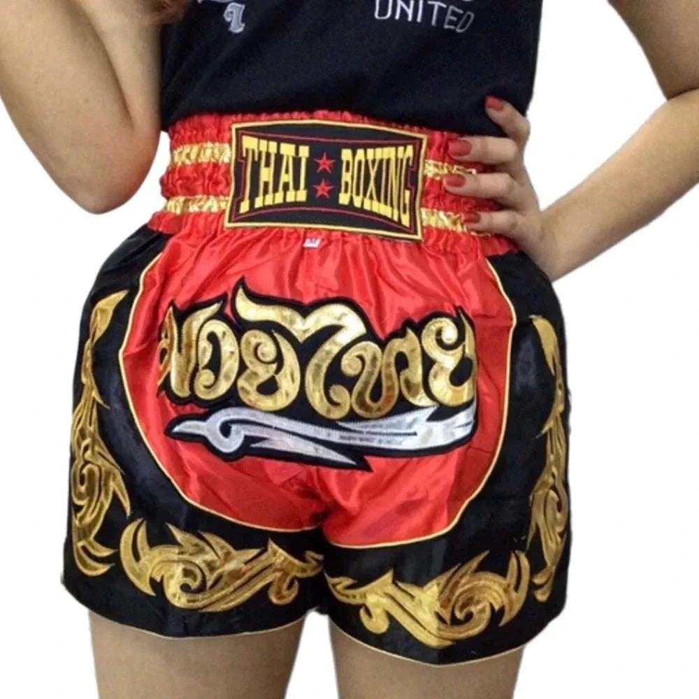 🥊The Warrior’s Glory: Authentic Premium Thai Pattern Muay Thai Shorts – Double-Layered Professional Satin Boxing Trunks, Handcrafted Factory-Direct Export Grade for Adults and Kids (Red and black boxing shorts)