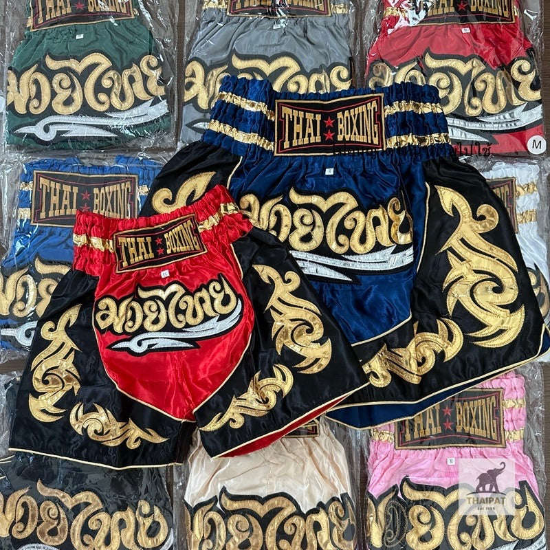 🥊The Warrior’s Glory: Authentic Premium Thai Pattern Muay Thai Shorts – Double-Layered Professional Satin Boxing Trunks, Handcrafted Factory-Direct Export Grade for Adults and Kids (Red and black boxing shorts)