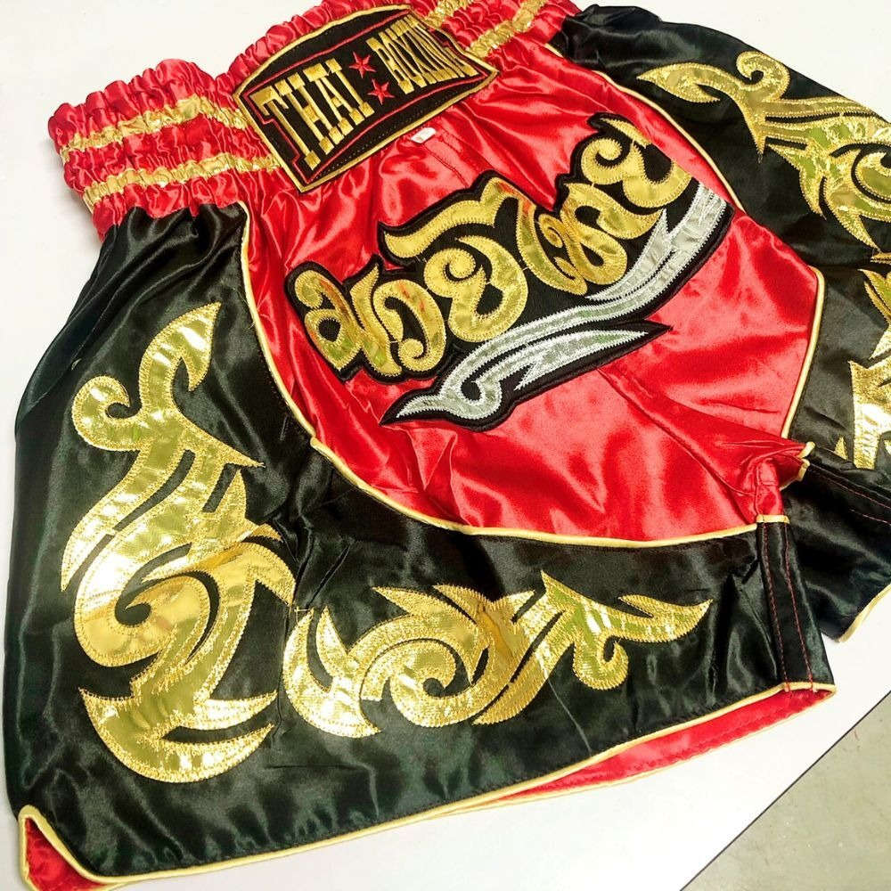 🥊The Warrior’s Glory: Authentic Premium Thai Pattern Muay Thai Shorts – Double-Layered Professional Satin Boxing Trunks, Handcrafted Factory-Direct Export Grade for Adults and Kids (Red and black boxing shorts)