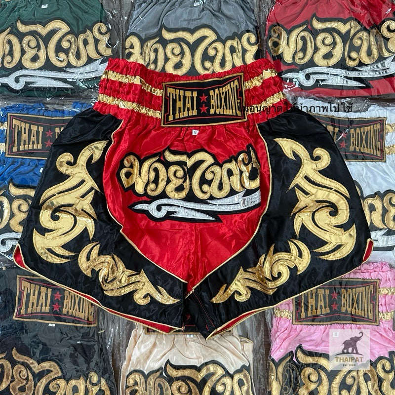 🥊The Warrior’s Glory: Authentic Premium Thai Pattern Muay Thai Shorts – Double-Layered Professional Satin Boxing Trunks, Handcrafted Factory-Direct Export Grade for Adults and Kids (Red and black boxing shorts)