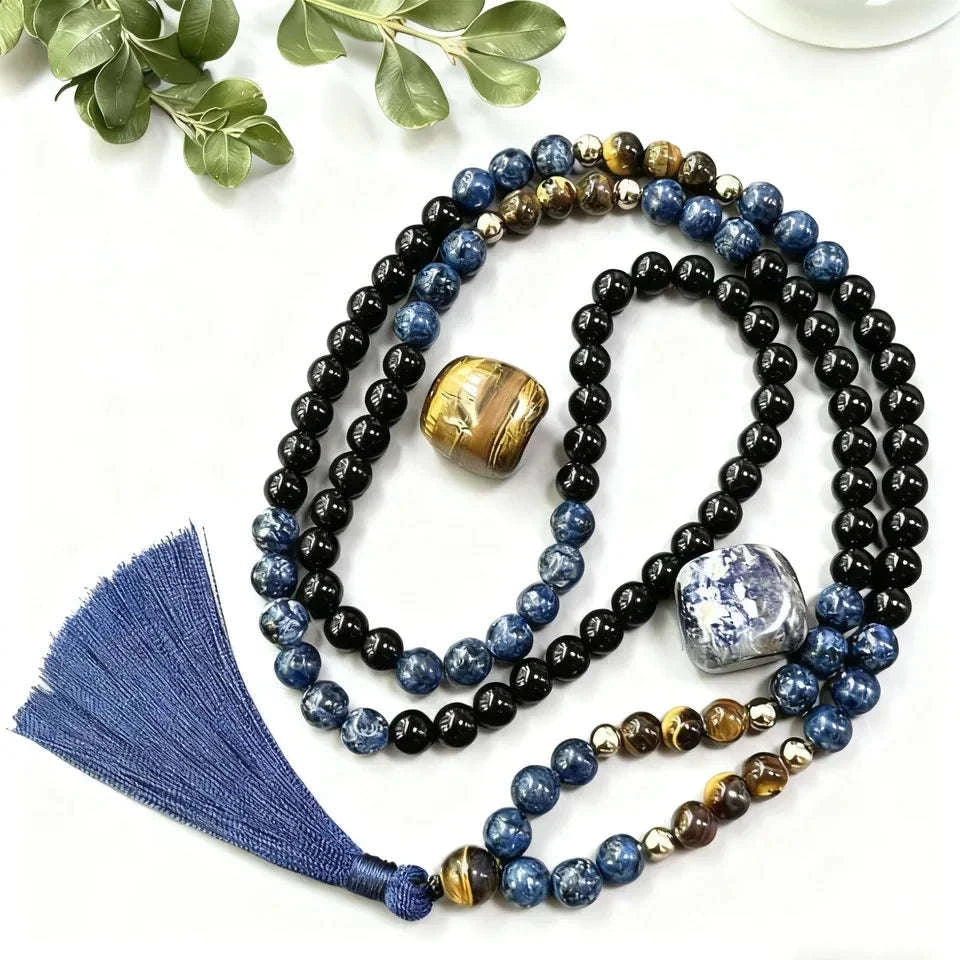 📿 The Warrior's Mala: 8mm Tiger Eye & Black Onyx 108 Bead Meditation Rosary