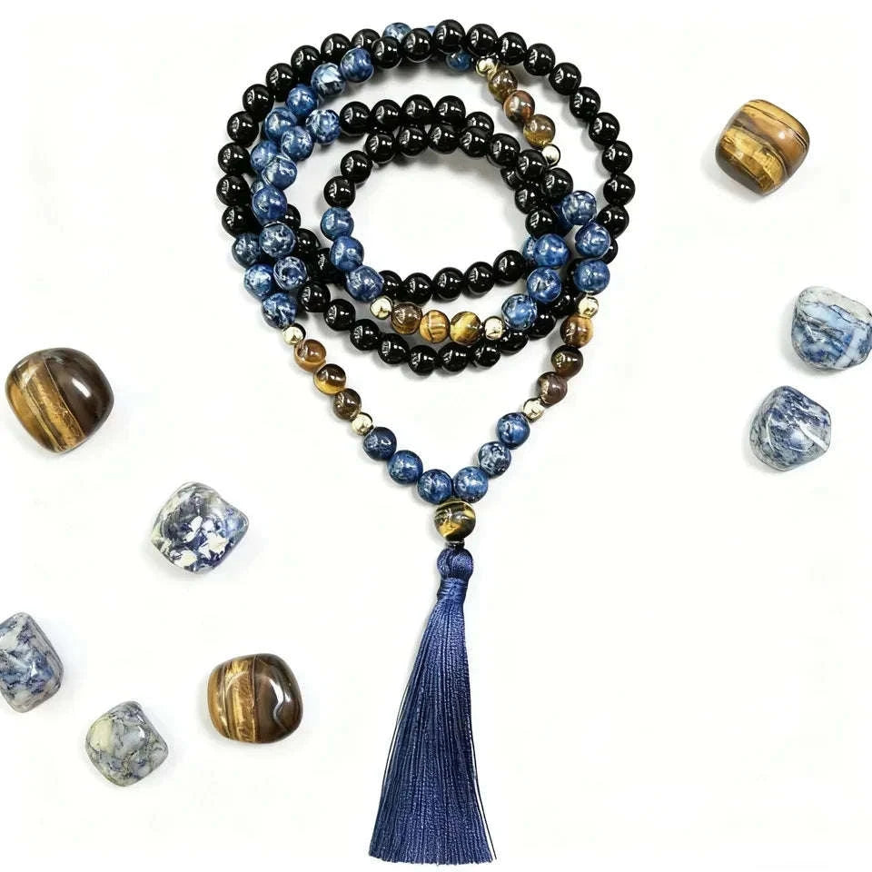 📿 The Warrior's Mala: 8mm Tiger Eye & Black Onyx 108 Bead Meditation Rosary