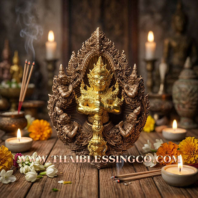 ✨ The "Wessuwanno" Sovereign Guardian: Masterpiece Buddhist Art Edition — Satin Bronze with Gilded Gold Deity — Dual-Consecrated for Absolute Wealth, Royal Authority, and Spiritual Shield