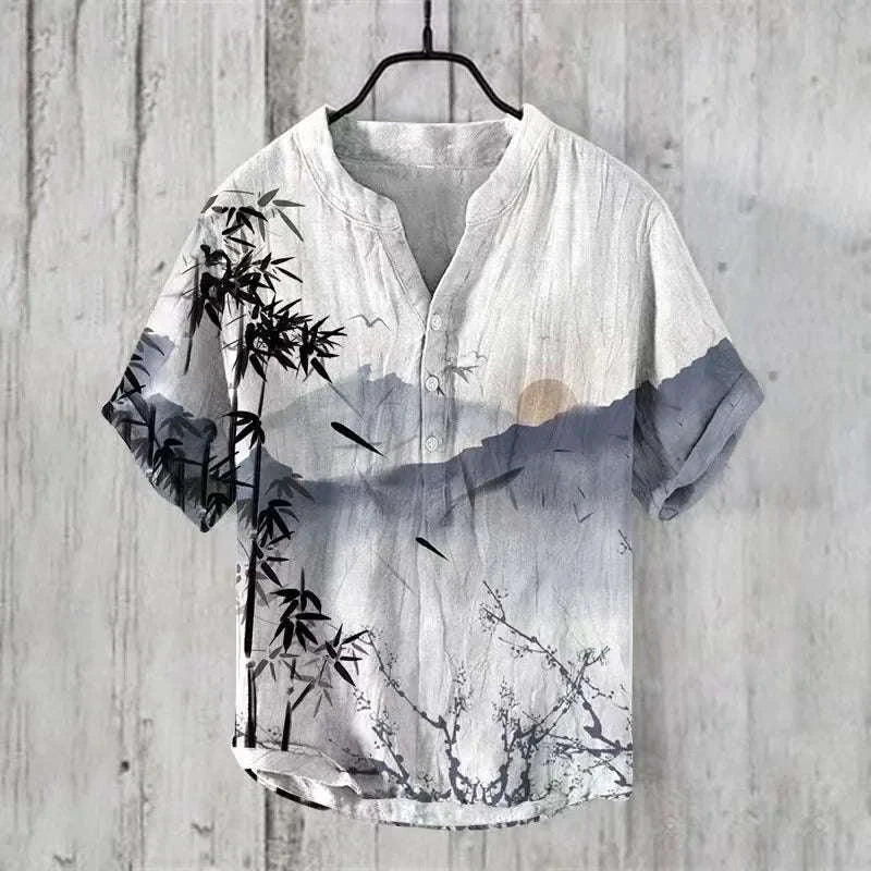 ⛩️ The Zen Crane Heritage: Premium Men’s 100% Pure Organic Linen Shirt – High-Definition Oriental Landscape Art Print, Sophisticated V-Neck Cut, and Plus Size (Up to 6XL) Luxury Casual Button-Down ARL553