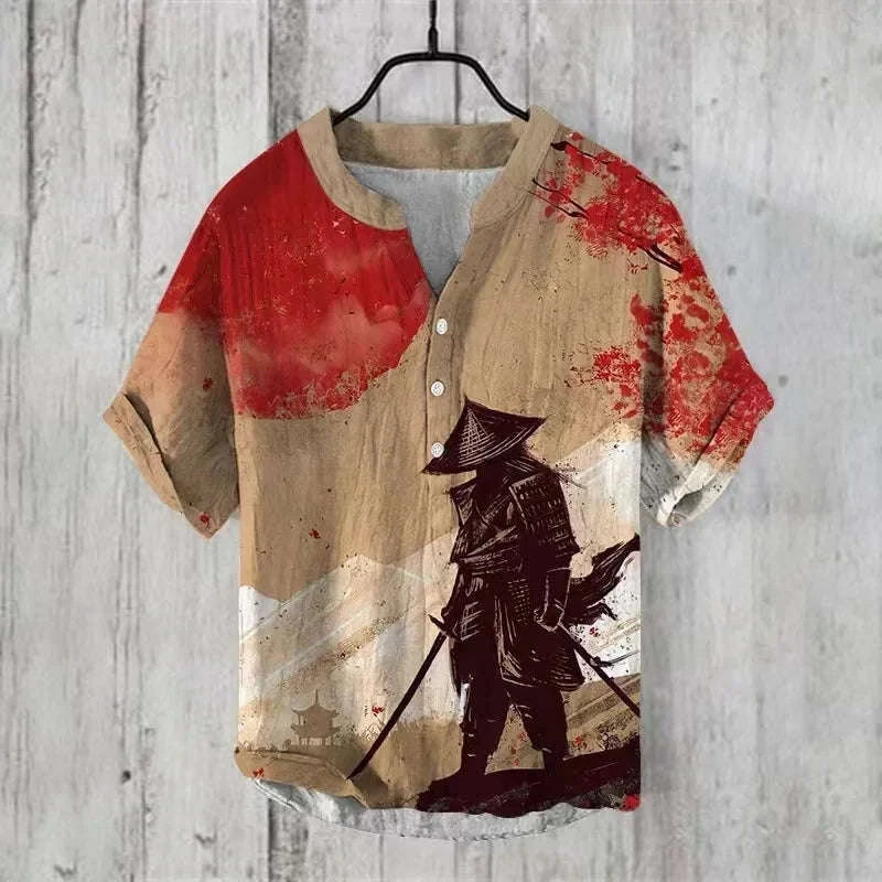 ⛩️ The Zen Crane Heritage: Premium Men’s 100% Pure Organic Linen Shirt – High-Definition Oriental Landscape Art Print, Sophisticated V-Neck Cut, and Plus Size (Up to 6XL) Luxury Casual Button-Down ARL546