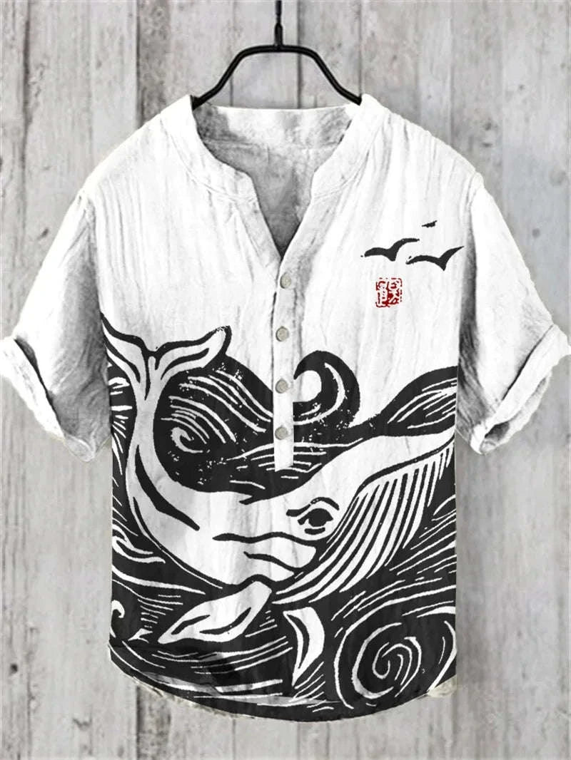⛩️ The Zen Crane Heritage: Premium Men’s 100% Pure Organic Linen Shirt – High-Definition Oriental Landscape Art Print, Sophisticated V-Neck Cut, and Plus Size (Up to 6XL) Luxury Casual Button-Down