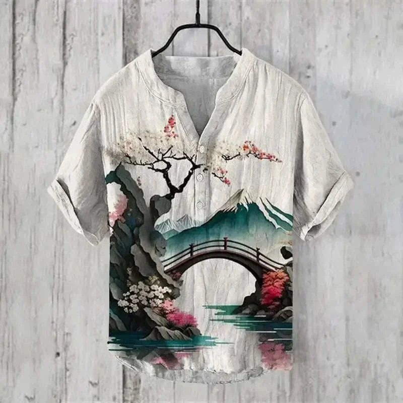 ⛩️ The Zen Crane Heritage: Premium Men’s 100% Pure Organic Linen Shirt – High-Definition Oriental Landscape Art Print, Sophisticated V-Neck Cut, and Plus Size (Up to 6XL) Luxury Casual Button-Down