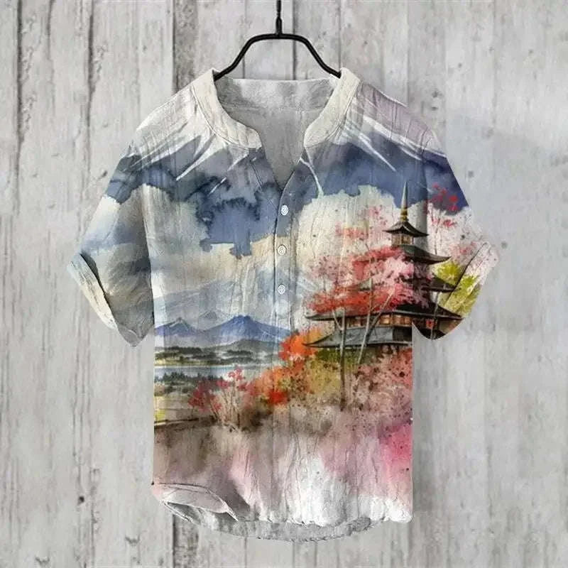 ⛩️ The Zen Crane Heritage: Premium Men’s 100% Pure Organic Linen Shirt – High-Definition Oriental Landscape Art Print, Sophisticated V-Neck Cut, and Plus Size (Up to 6XL) Luxury Casual Button-Down ARL552