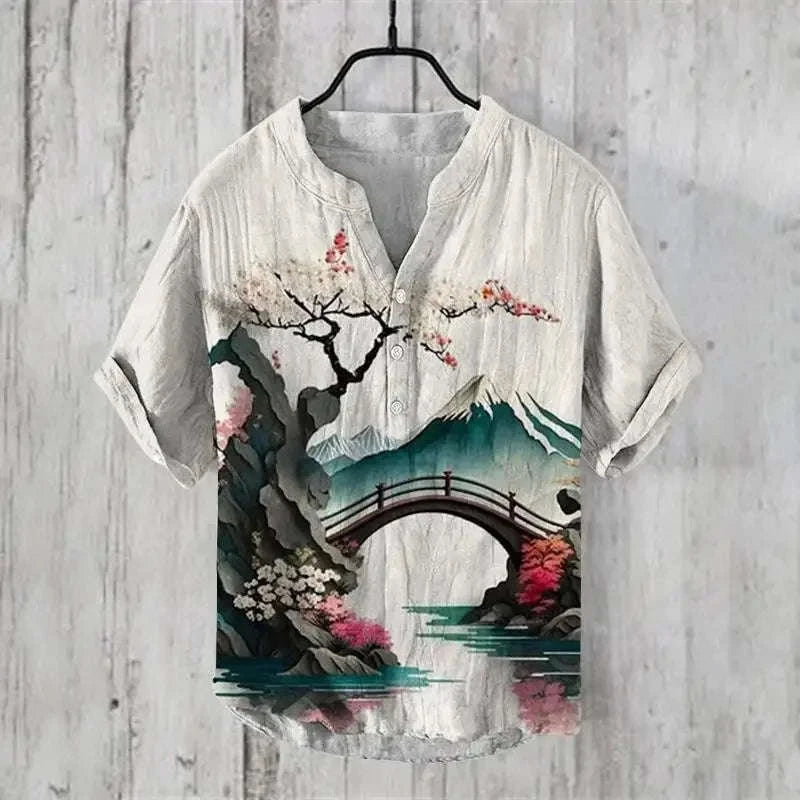 ⛩️ The Zen Crane Heritage: Premium Men’s 100% Pure Organic Linen Shirt – High-Definition Oriental Landscape Art Print, Sophisticated V-Neck Cut, and Plus Size (Up to 6XL) Luxury Casual Button-Down