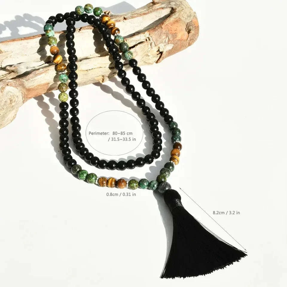 📿 The "Zen Guardian" 108 Mala: Black Agate & Tiger Eye Traditional Chinese Prayer Necklace