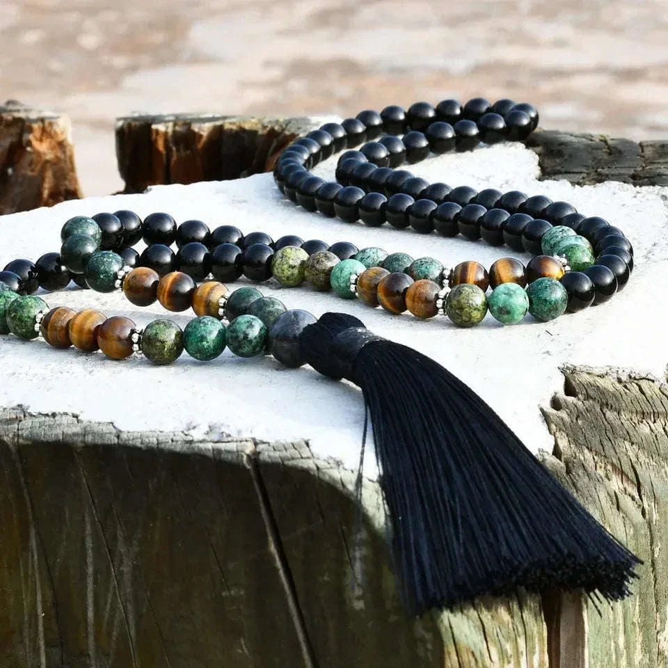📿 The "Zen Guardian" 108 Mala: Black Agate & Tiger Eye Traditional Chinese Prayer Necklace