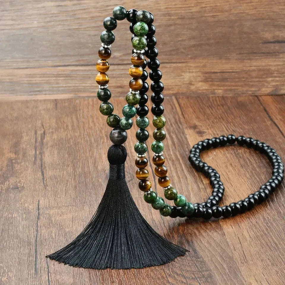 📿 The "Zen Guardian" 108 Mala: Black Agate & Tiger Eye Traditional Chinese Prayer Necklace