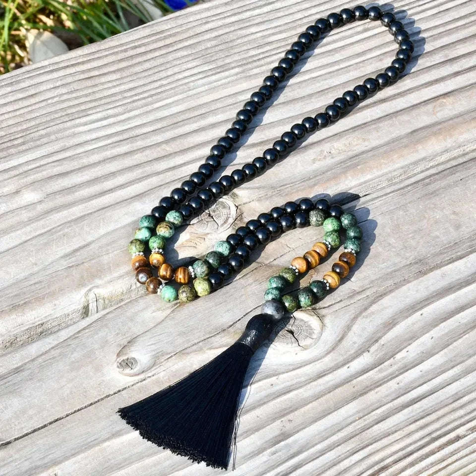 📿 The "Zen Guardian" 108 Mala: Black Agate & Tiger Eye Traditional Chinese Prayer Necklace
