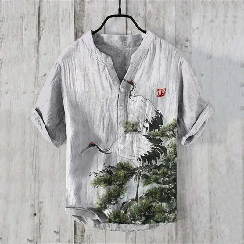 🖌️ The Zen Ink Artisan: Premium 2026 Men’s 3D Japanese Landscape Shirt – High-Definition Bamboo, Bird & Koi Ink-Wash Print, Breathable Wrinkle-Resistant Hybrid, and Sophisticated Henry V-Neck Casual Button-Down