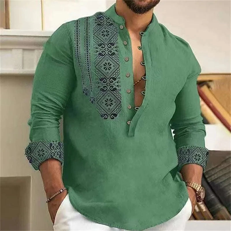 ✨ The Zen-Luxe 7-Button V-Neck Shirt: Premium Men's Casual Long Sleeve Beach Top – Loose Fit Breathable Design with High-Quality Fabric and Sophisticated Deep-V Silhouette AE13