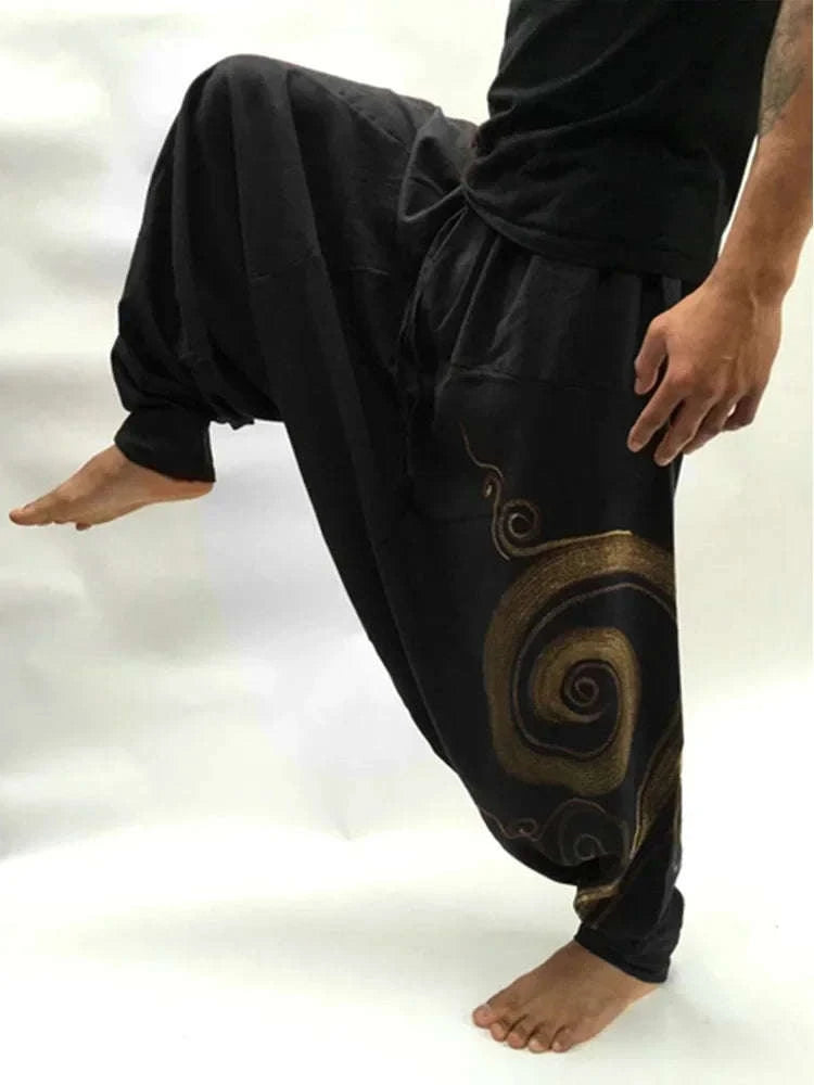 The Zenith Nomad Premium Men's Harem Yoga Pants - High-Definition Baggy Hippie Boho Style Aladdin Silhouette Trousers, Ultra-Breathable Mid-Waist Elastic Comfort Casual Urban-Gypsy Lounge Wear Apparel black