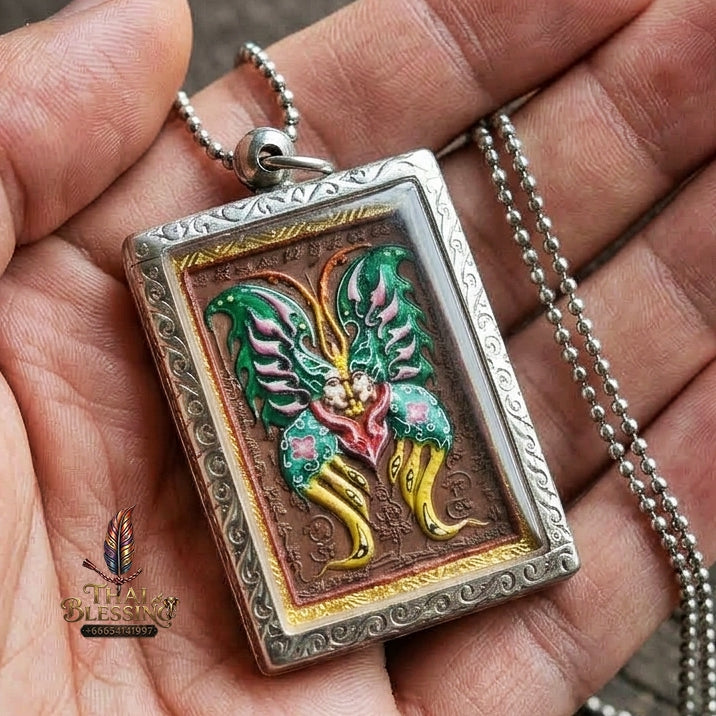 Authentic Thai Butterfly King Amulet "Thep Chamlaeng Pamorn Emerald Green Hand-Painted Divine Butterfly Pendant in Silver Frame" Consecrated by Khru Ba Krissana, Asom Sathan Suan Phut Sat B.E. 2556 (2013)