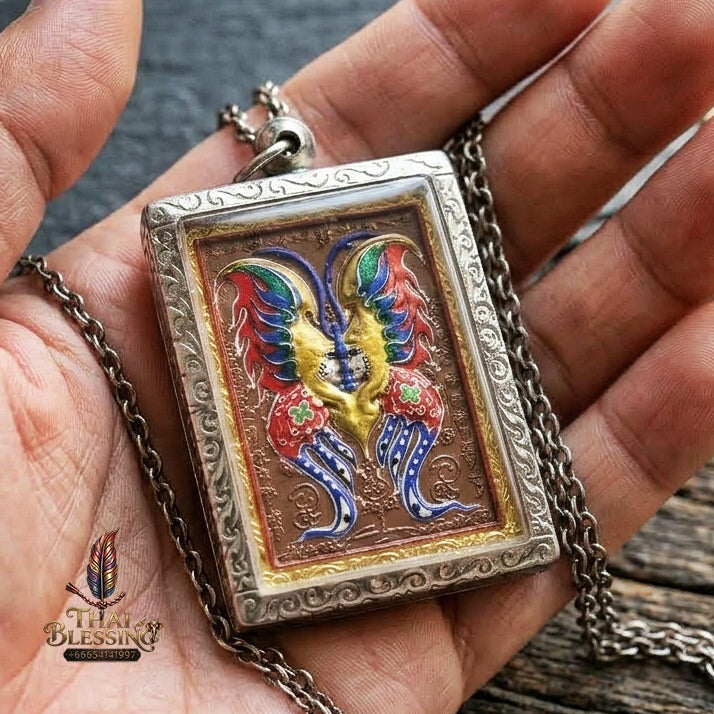 Authentic Thai Butterfly King Amulet "Thep Chamlaeng Pamorn Hand-Painted Divine Butterfly King Pendant in Silver Frame" Consecrated by Khru Ba Krissana, Asom Sathan Suan Phut Sat B.E. 2556 (2013)