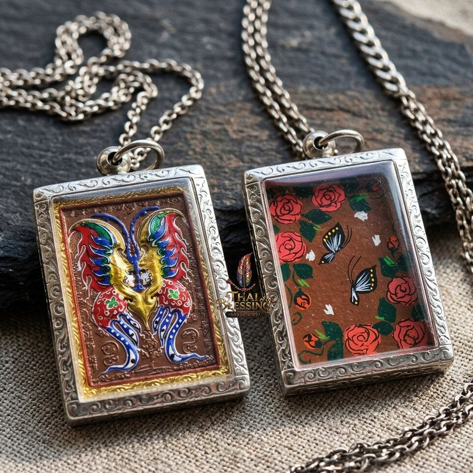 Authentic Thai Butterfly King Amulet "Thep Chamlaeng Pamorn Hand-Painted Divine Butterfly King Pendant in Silver Frame" Consecrated by Khru Ba Krissana, Asom Sathan Suan Phut Sat B.E. 2556 (2013)