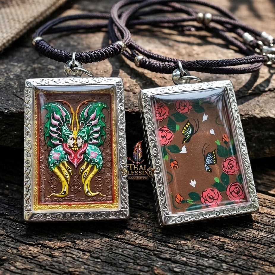 Authentic Thai Butterfly King Amulet "Thep Chamlaeng Pamorn Emerald Green Hand-Painted Divine Butterfly Pendant in Silver Frame" Consecrated by Khru Ba Krissana, Asom Sathan Suan Phut Sat B.E. 2556 (2013)